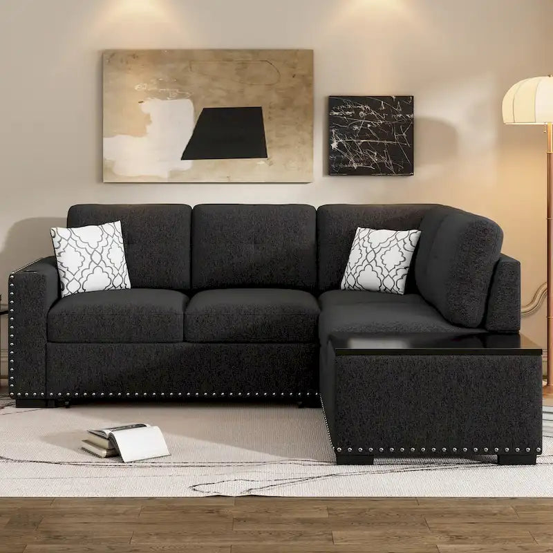 Canapé-lit d'angle en L escamotable de 212,8 cm avec méridienne de rangement, ports USB, prises de courant et porte-gobelet