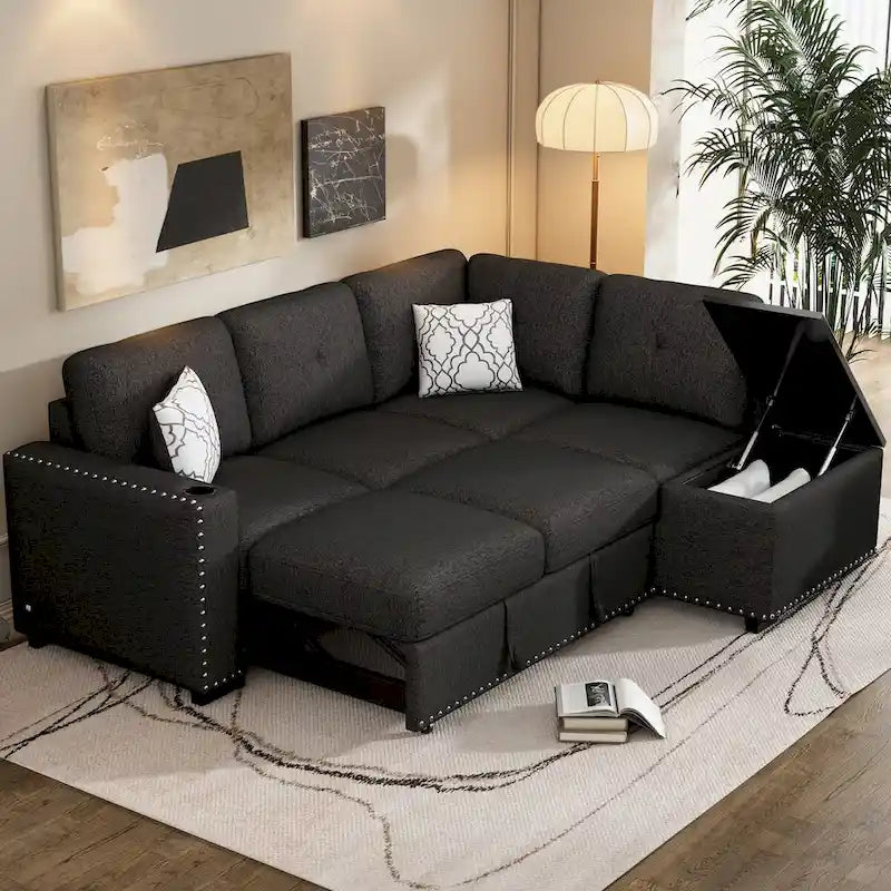Canapé-lit d'angle en L escamotable de 212,8 cm avec méridienne de rangement, ports USB, prises de courant et porte-gobelet