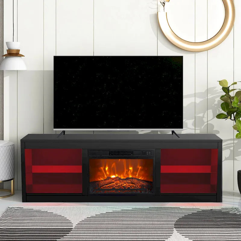 Meuble TV console avec cheminée électrique noire moderne de 66 pouces pour téléviseur de 75 pouces avec télécommande - Console de 66 pouces de large