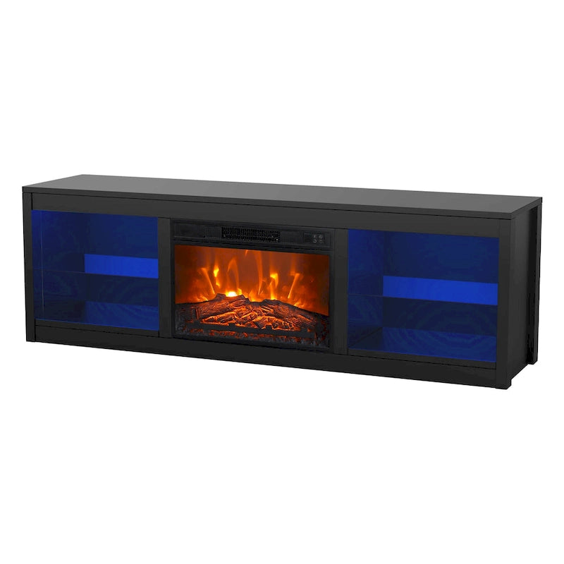 Meuble TV console avec cheminée électrique noire moderne de 66 pouces pour téléviseur de 75 pouces avec télécommande - Console de 66 pouces de large