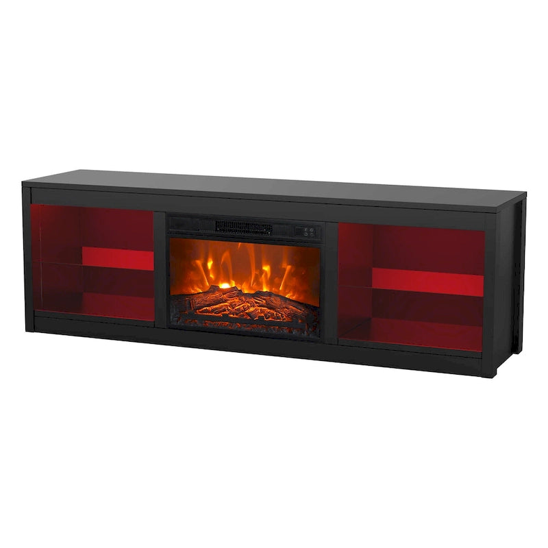 Meuble TV console avec cheminée électrique noire moderne de 66 pouces pour téléviseur de 75 pouces avec télécommande - Console de 66 pouces de large