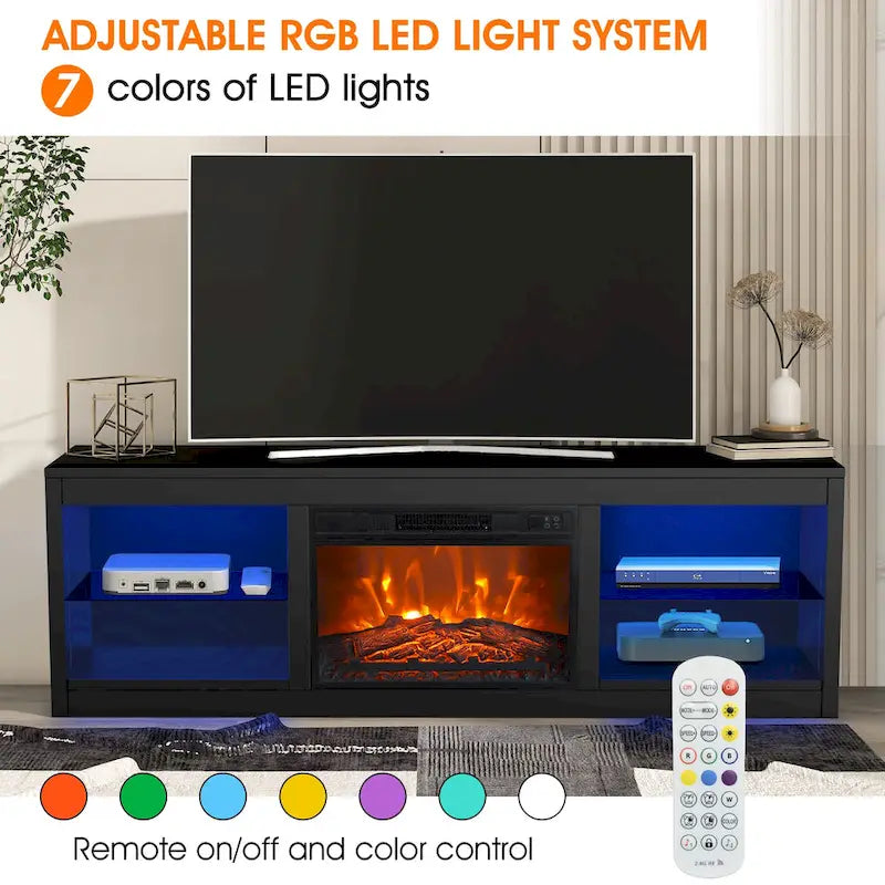 Meuble TV console avec cheminée électrique noire moderne de 66 pouces pour téléviseur de 75 pouces avec télécommande - Console de 66 pouces de large