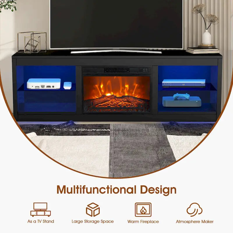 Meuble TV console avec cheminée électrique noire moderne de 66 pouces pour téléviseur de 75 pouces avec télécommande - Console de 66 pouces de large