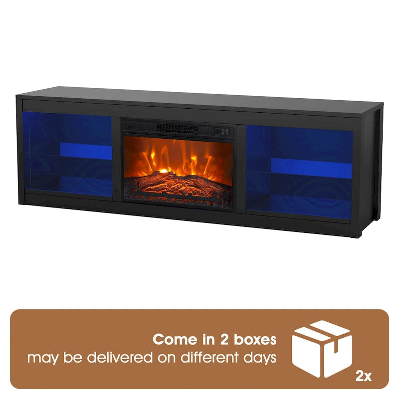 Meuble TV console avec cheminée électrique noire moderne de 66 pouces pour téléviseur de 75 pouces avec télécommande - Console de 66 pouces de large