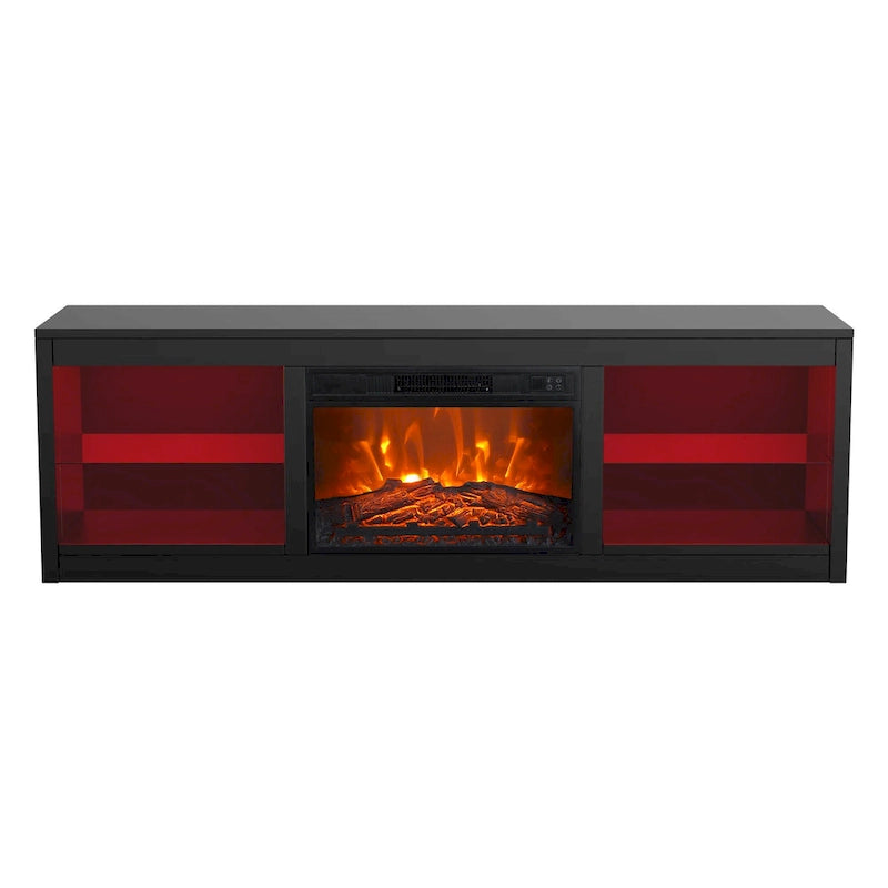 Meuble TV console avec cheminée électrique noire moderne de 66 pouces pour téléviseur de 75 pouces avec télécommande - Console de 66 pouces de large