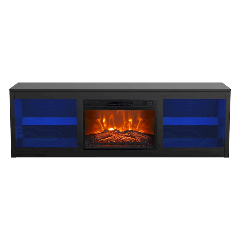 Meuble TV console avec cheminée électrique noire moderne de 66 pouces pour téléviseur de 75 pouces avec télécommande - Console de 66 pouces de large