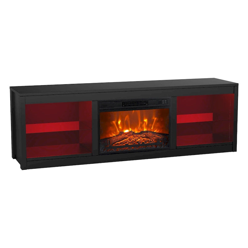 Meuble TV console avec cheminée électrique noire moderne de 66 pouces pour téléviseur de 75 pouces avec télécommande - Console de 66 pouces de large