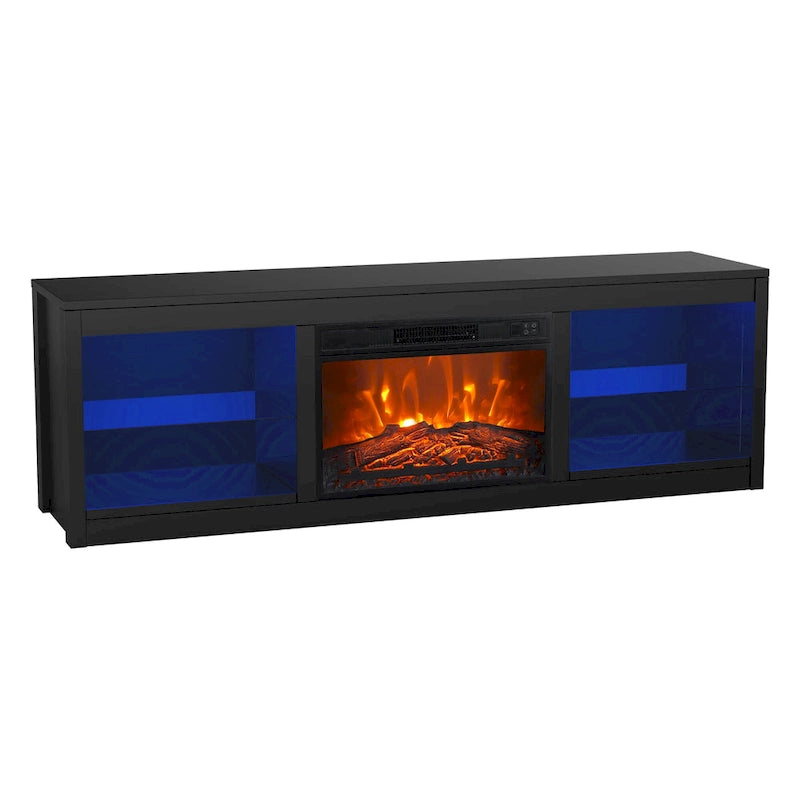 Meuble TV console avec cheminée électrique noire moderne de 66 pouces pour téléviseur de 75 pouces avec télécommande - Console de 66 pouces de large