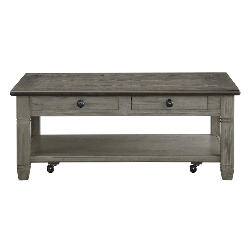 Table basse Rome de 48 pouces, 2 tiroirs, roulettes, bois massif marron et gris