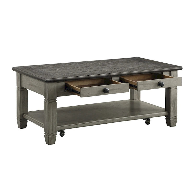 Table basse Rome de 48 pouces, 2 tiroirs, roulettes, bois massif marron et gris