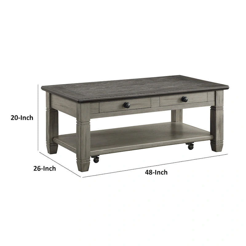 Table basse Rome de 48 pouces, 2 tiroirs, roulettes, bois massif marron et gris