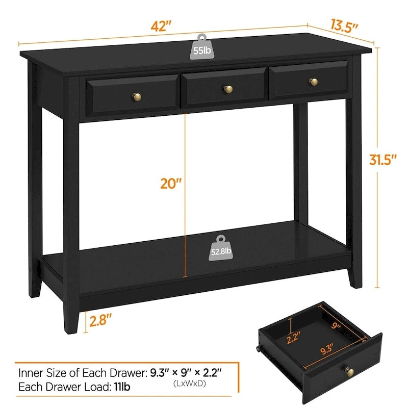 Table console à 3 tiroirs Yaheetech avec étagère de rangement
