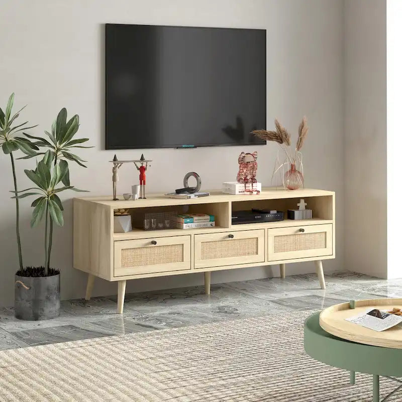 Meuble TV moderne en rotin avec pieds en bois massif