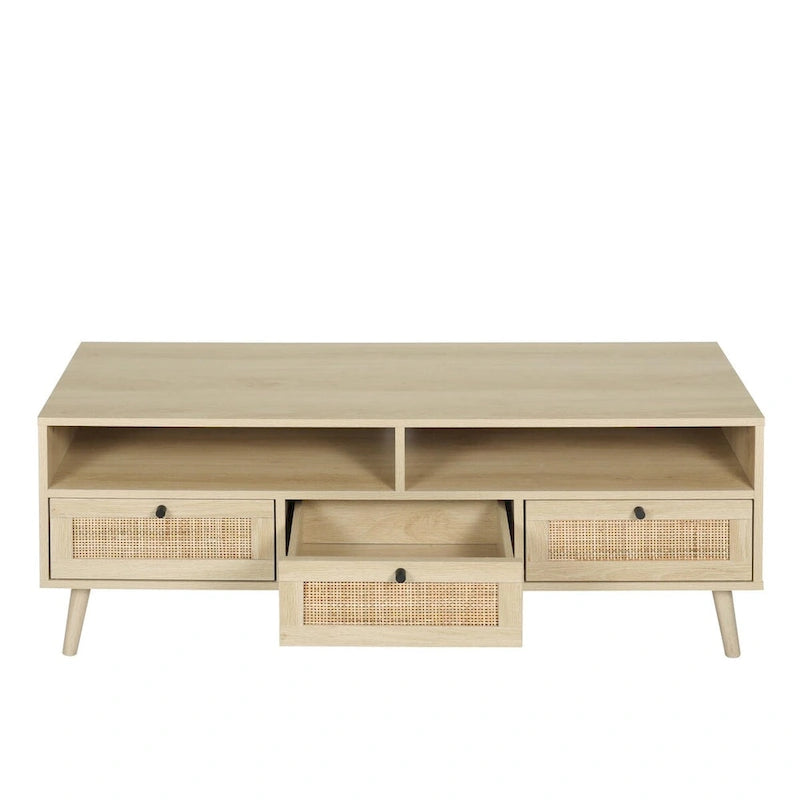 Meuble TV moderne en rotin avec pieds en bois massif