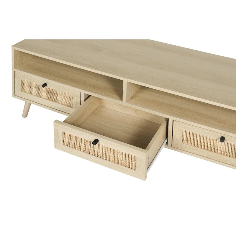 Meuble TV moderne en rotin avec pieds en bois massif