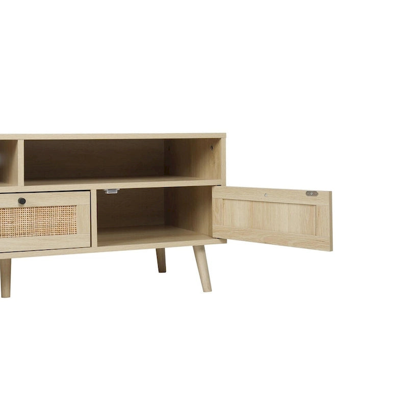 Meuble TV moderne en rotin avec pieds en bois massif