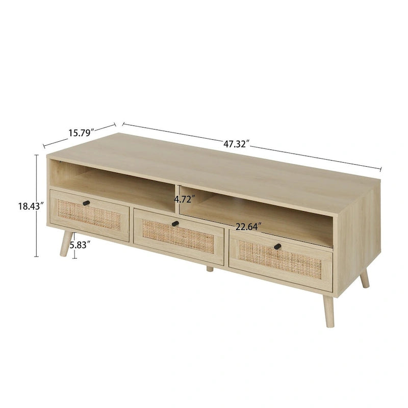 Meuble TV moderne en rotin avec pieds en bois massif