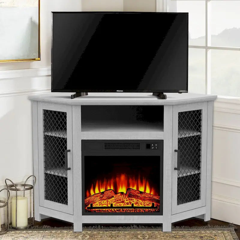 Meuble TV d'angle industriel 45 po avec foyer électrique et console de 17 po