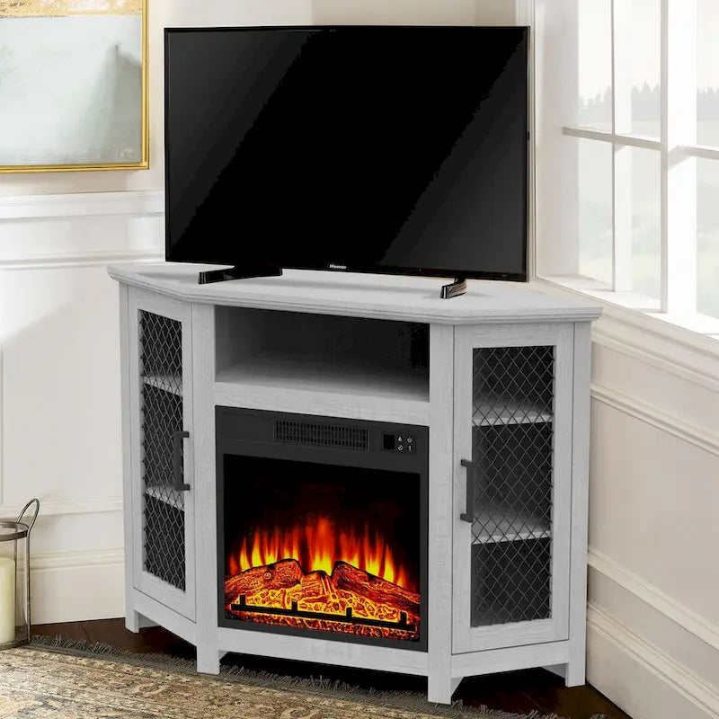 Meuble TV d'angle industriel 45 po avec foyer électrique et console de 17 po