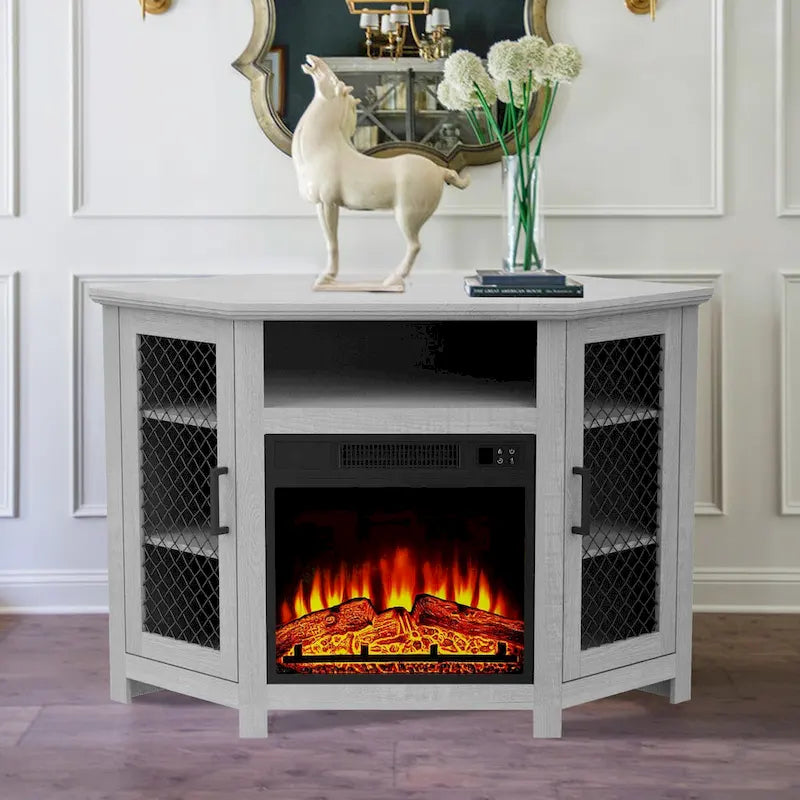 Meuble TV d'angle industriel 45 po avec foyer électrique et console de 17 po