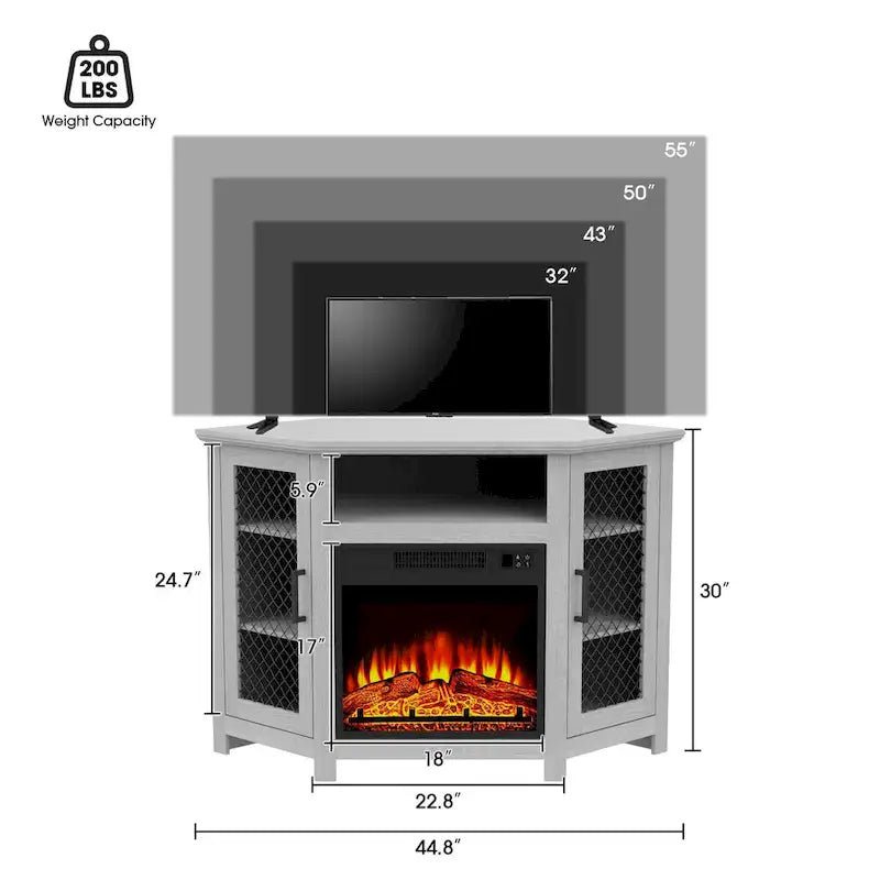 Meuble TV d'angle industriel 45 po avec foyer électrique et console de 17 po