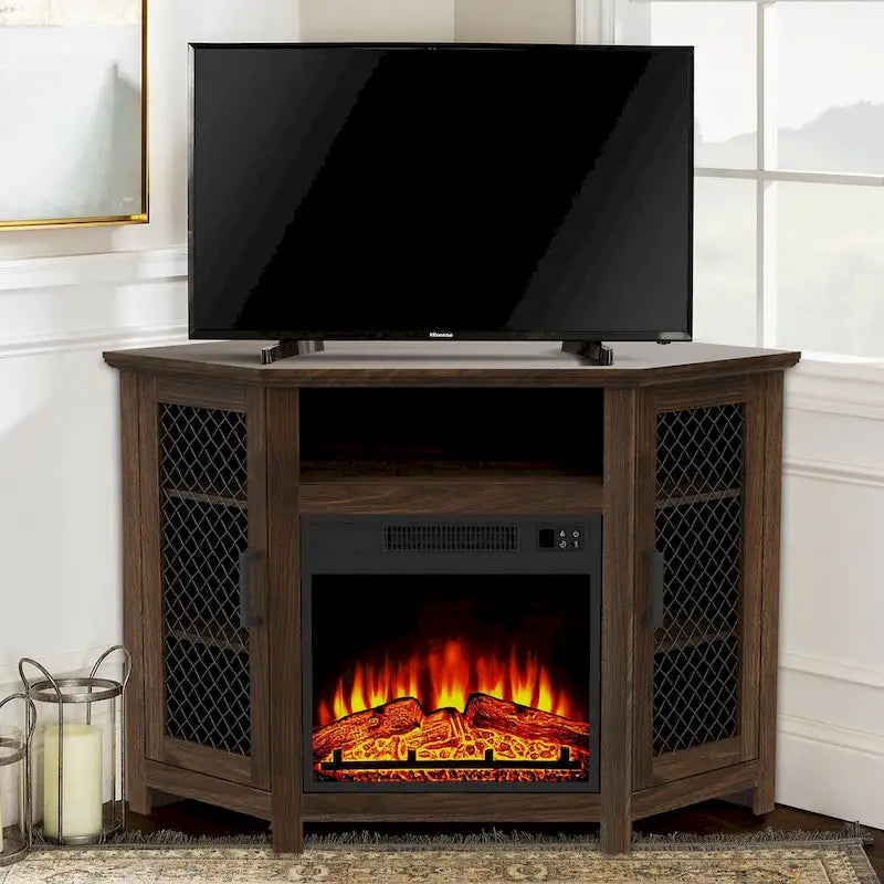 Meuble TV d'angle industriel 45 po avec foyer électrique et console de 17 po