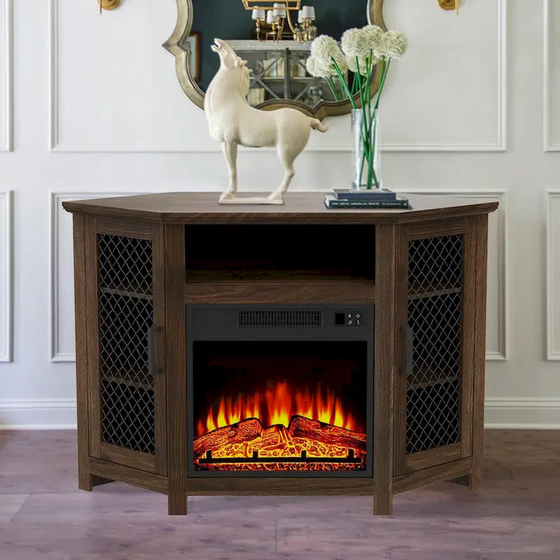 Meuble TV d'angle industriel 45 po avec foyer électrique et console de 17 po