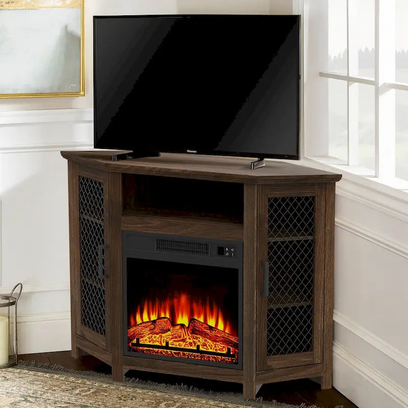 Meuble TV d'angle industriel 45 po avec foyer électrique et console de 17 po