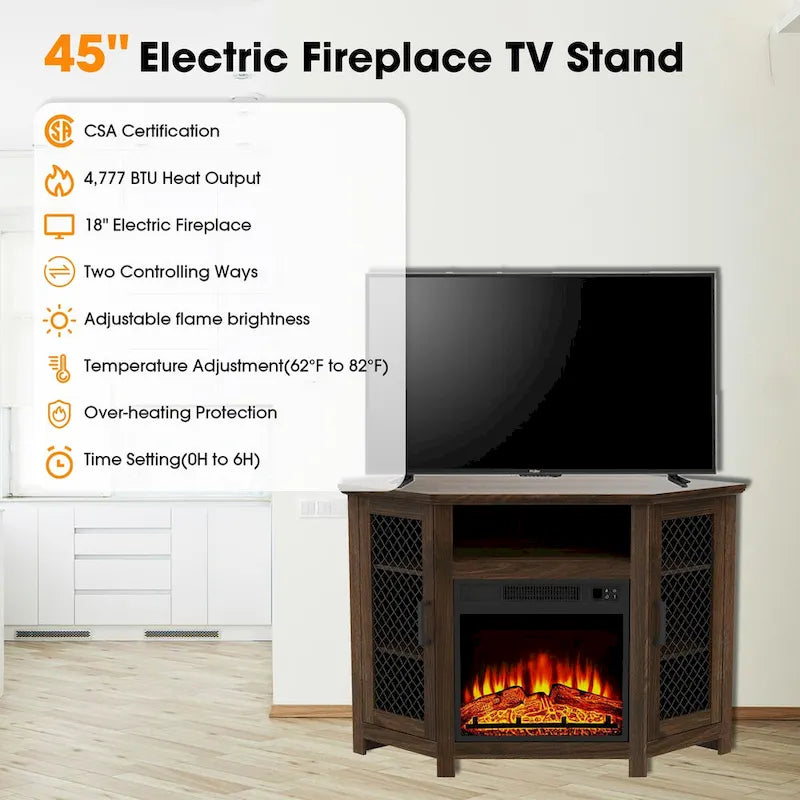 Meuble TV d'angle industriel 45 po avec foyer électrique et console de 17 po