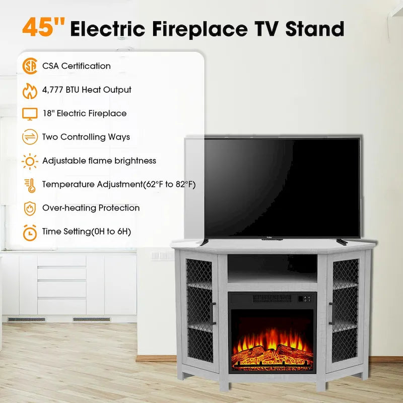 Meuble TV d'angle industriel 45 po avec foyer électrique et console de 17 po
