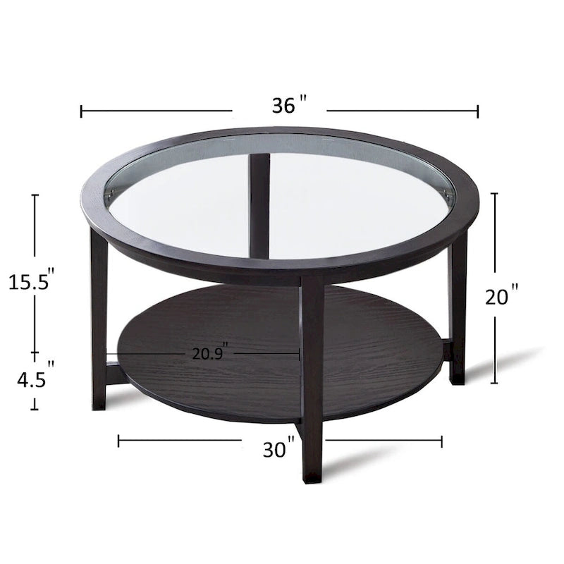 Table basse de rangement moderne noire ronde en bois massif et plateau en verre de 36 po pour bureau et salon - 36 po L x 36 po l x 20 po H