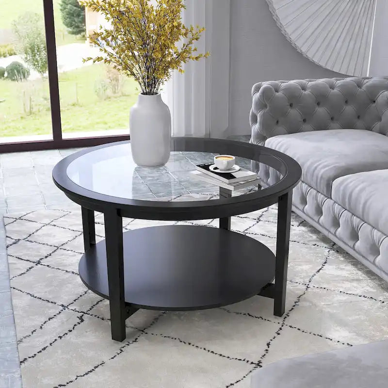 Table basse de rangement moderne noire ronde en bois massif et plateau en verre de 36 po pour bureau et salon - 36 po L x 36 po l x 20 po H