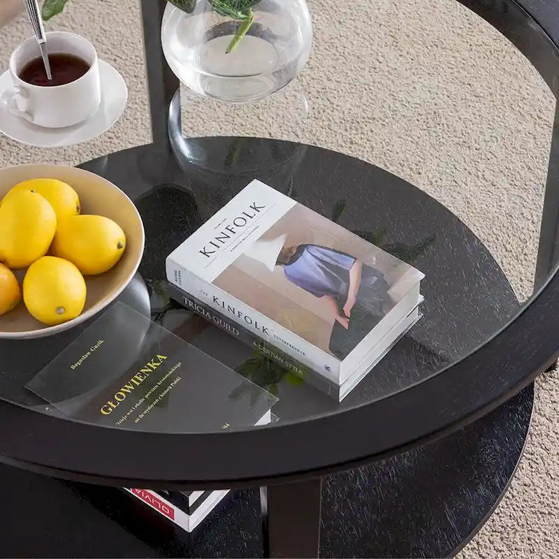 Table basse de rangement moderne noire ronde en bois massif et plateau en verre de 36 po pour bureau et salon - 36 po L x 36 po l x 20 po H
