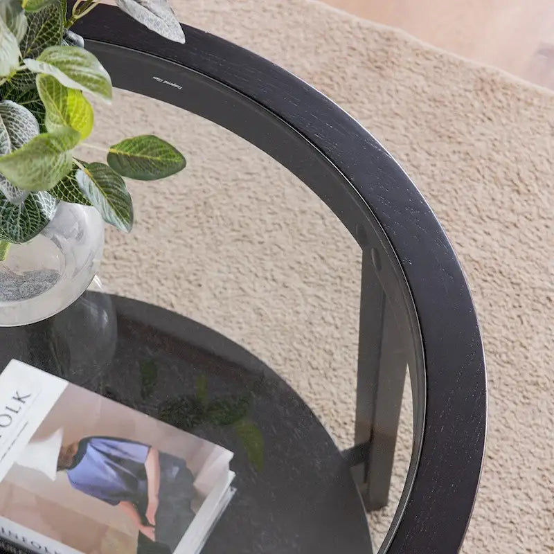 Table basse de rangement moderne noire ronde en bois massif et plateau en verre de 36 po pour bureau et salon - 36 po L x 36 po l x 20 po H