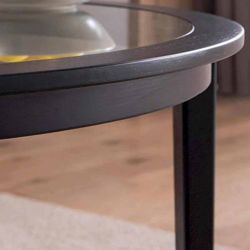 Table basse de rangement moderne noire ronde en bois massif et plateau en verre de 36 po pour bureau et salon - 36 po L x 36 po l x 20 po H