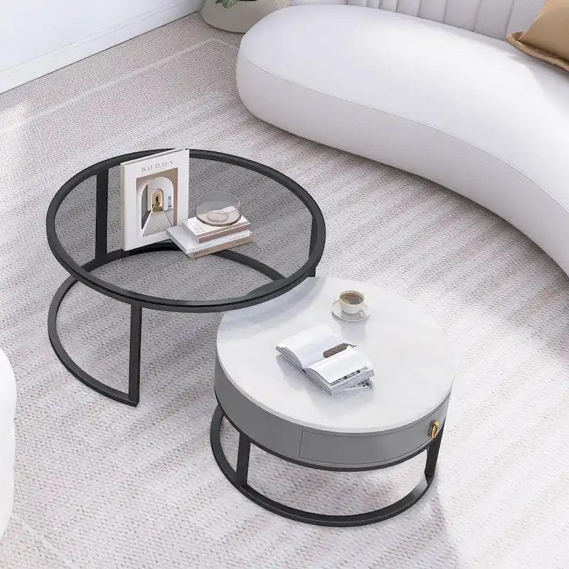 Table basse gigogne ronde imperméable en verre moderne avec tiroir