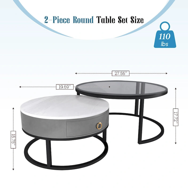 Table basse gigogne ronde imperméable en verre moderne avec tiroir