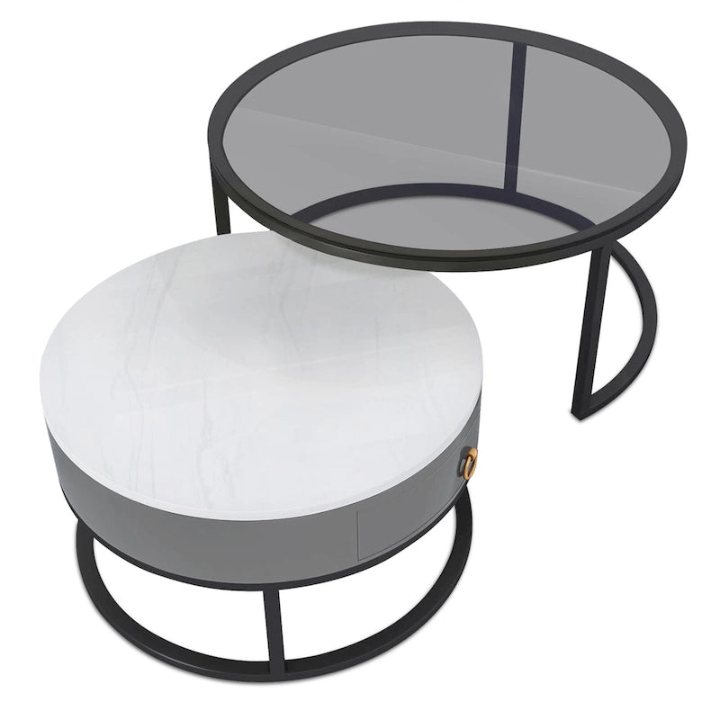 Table basse gigogne ronde imperméable en verre moderne avec tiroir