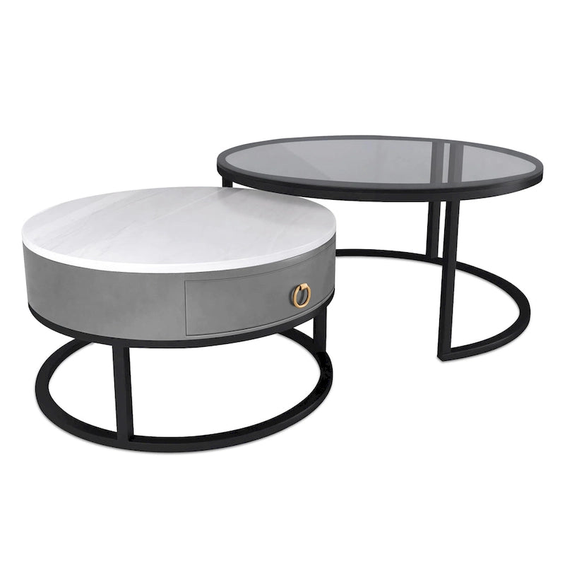 Table basse gigogne ronde imperméable en verre moderne avec tiroir