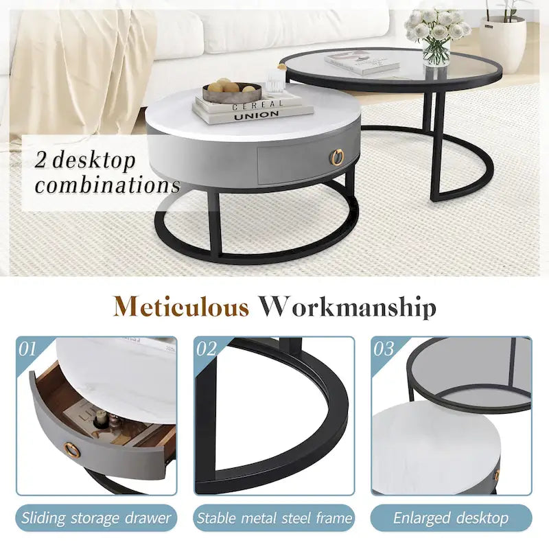 Table basse gigogne ronde imperméable en verre moderne avec tiroir