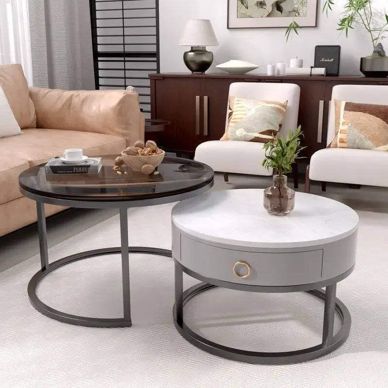 Table basse gigogne ronde imperméable en verre moderne avec tiroir