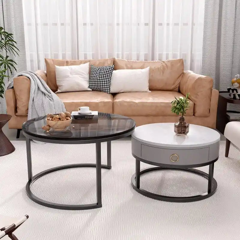 Table basse gigogne ronde imperméable en verre moderne avec tiroir