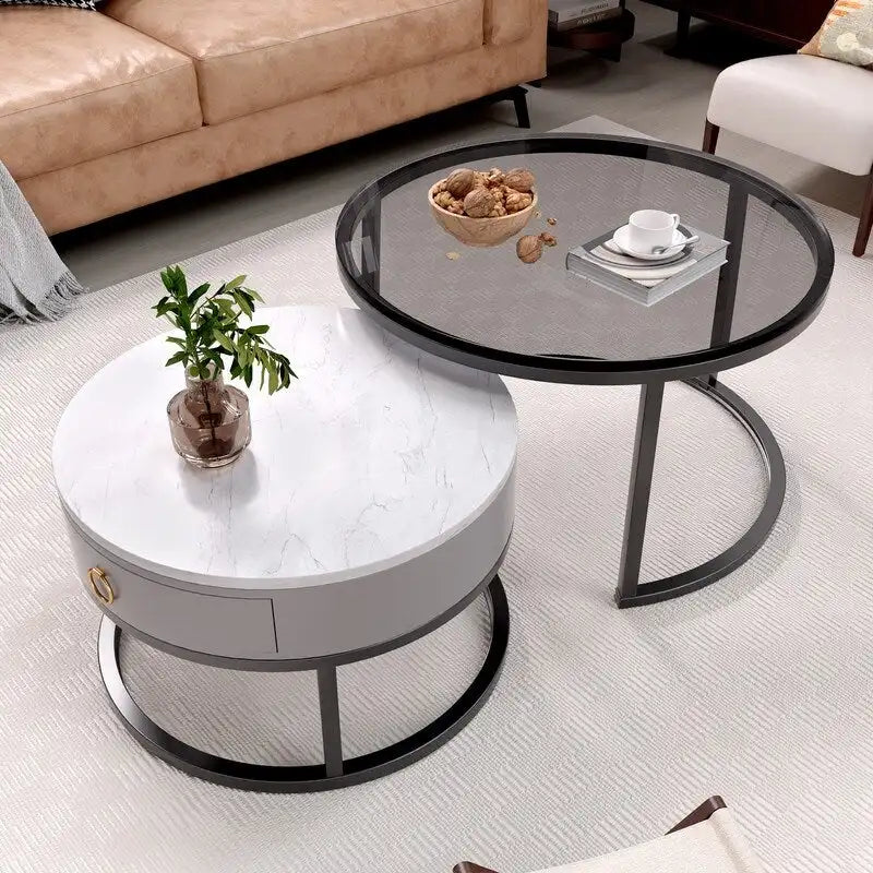 Table basse gigogne ronde imperméable en verre moderne avec tiroir