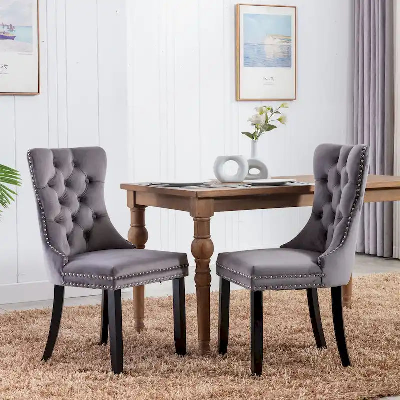 Lot de 2 chaises de salle à manger modernes haut de gamme capitonnées en bois massif avec garniture cloutée