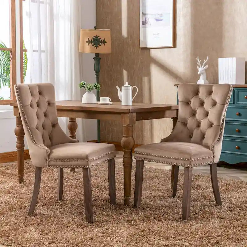 Lot de 2 chaises de salle à manger modernes haut de gamme capitonnées en bois massif avec garniture cloutée