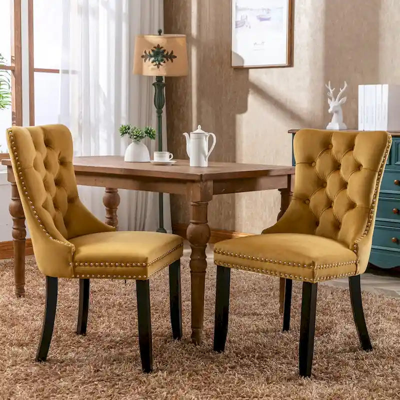 Lot de 2 chaises de salle à manger modernes haut de gamme capitonnées en bois massif avec garniture cloutée