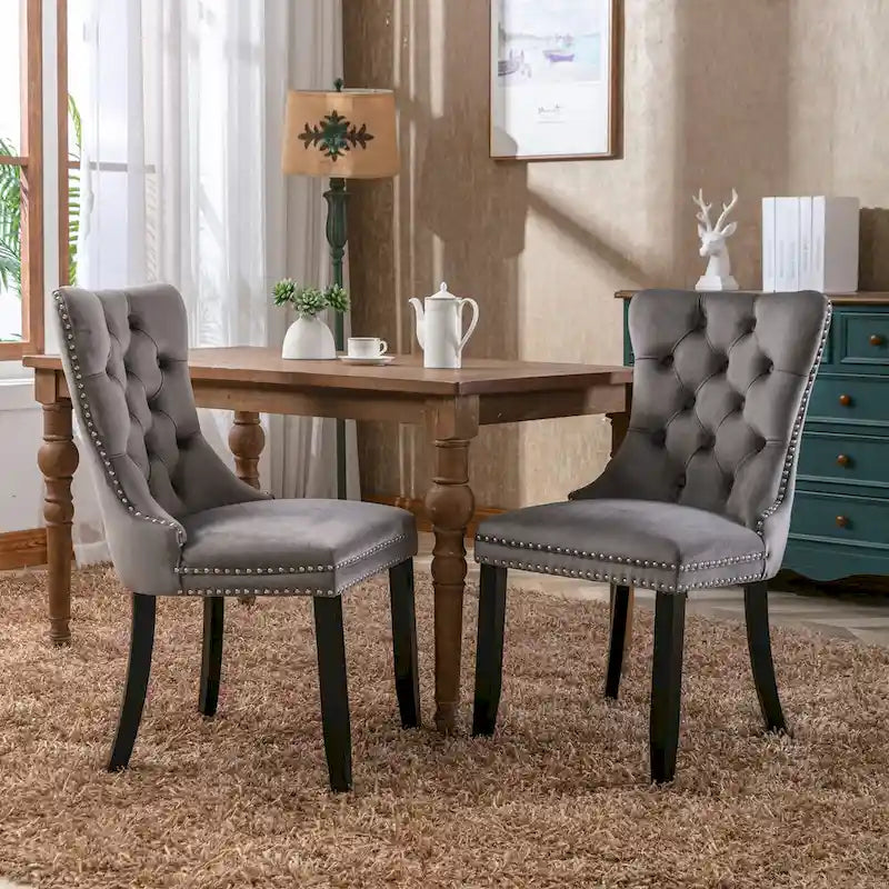 Lot de 2 chaises de salle à manger modernes haut de gamme capitonnées en bois massif avec garniture cloutée