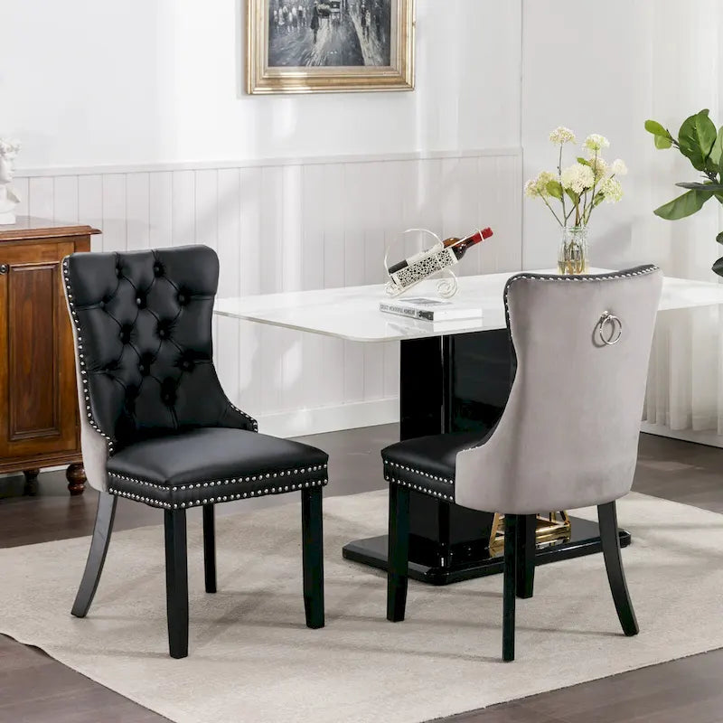Lot de 2 chaises de salle à manger modernes haut de gamme capitonnées en bois massif avec garniture cloutée