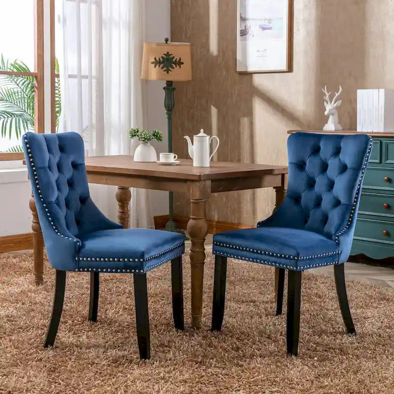 Lot de 2 chaises de salle à manger modernes haut de gamme capitonnées en bois massif avec garniture cloutée