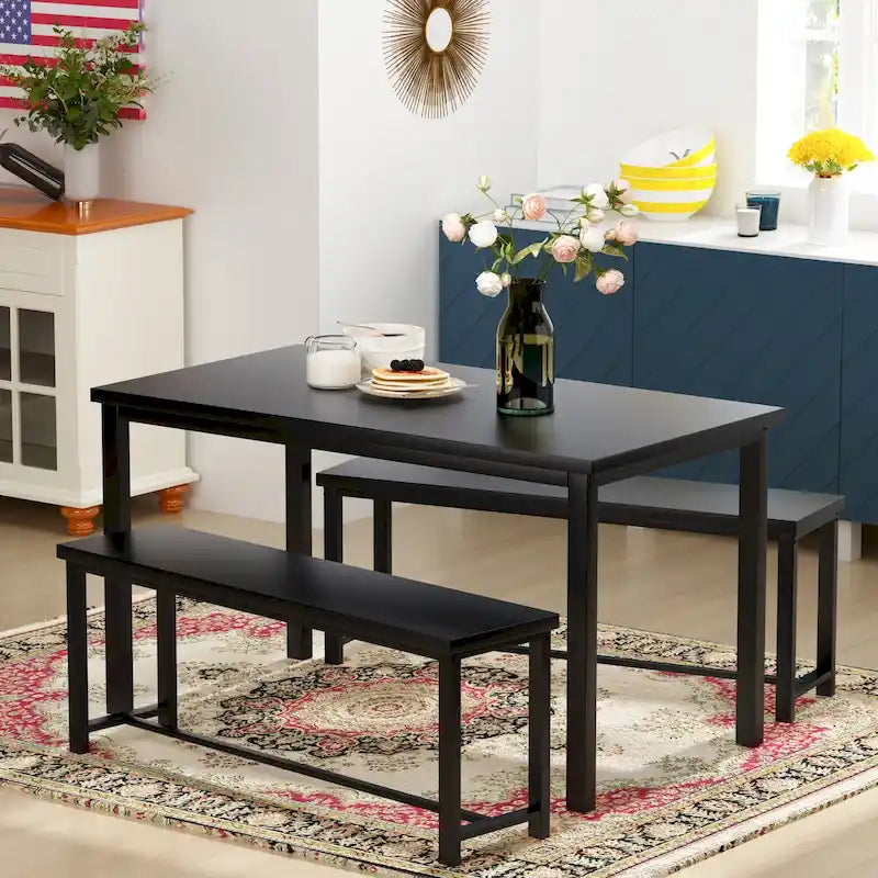 Mieres – Ensemble table et 2 bancs pour salle à manger, style industriel vintage, 3 pièces, pour cuisine, salle à manger, bar, peu encombrant